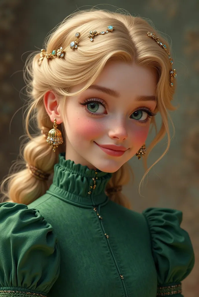 girl with blond hair in an emerald green dress with long sleeves and a high collar,  hair styled , jewelry is woven into the hair, jewelry is woven into the hair beautiful massive precious earrings, girl smiling