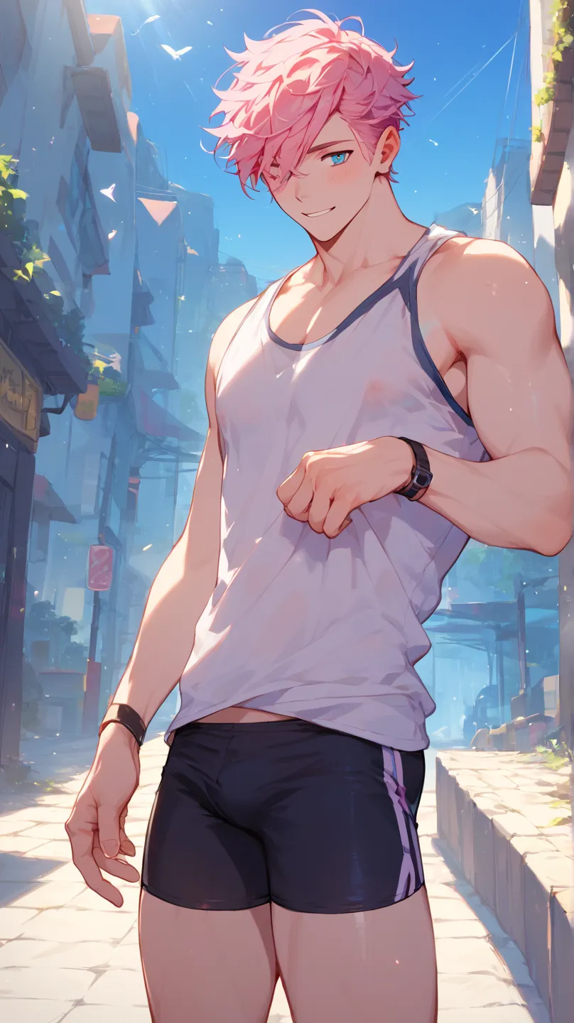 score_9, score_8_up, score_7_up, score_6_up, score_5_up, score_4_up, highest quality, depth of field, natural light, light rays, raytracing, cartoon character, digital animation art, gay male, male muscular beefcake white male with pink hair wearing compre...