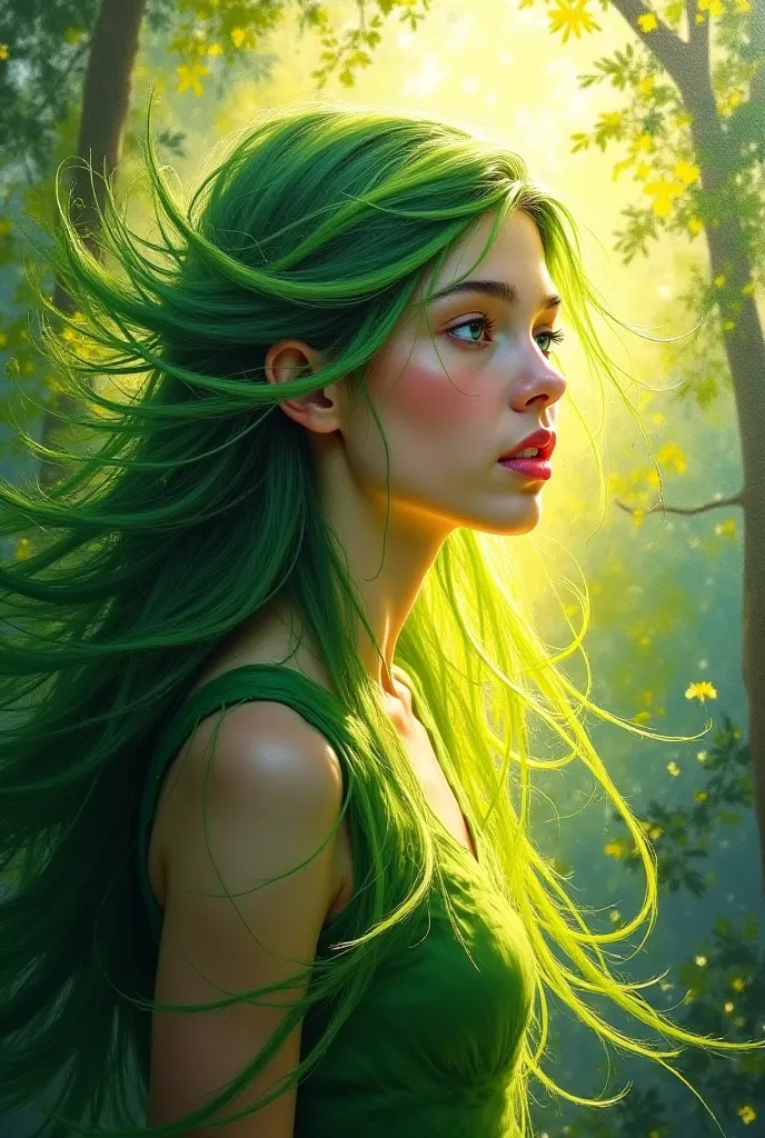 "Whispers of the Forest – An impressionist oil painting capturing the ethereal beauty of a nature spirit. Her flowing green hair, painted with soft, expressive brushstrokes, seems to dance with the wind, blending seamlessly with the vibrant hues of nature....