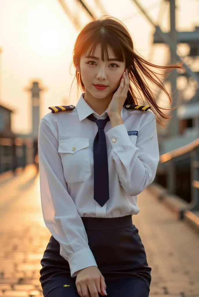 Sexy beautiful Japanese woman, a self defense officer uniform, wearing a white long-sleeved shirts, navy blue tie, navy blue pencil skirt, Black patent high heels, beautiful hip-line, Beautiful thighs, long legs, Cornflower, (perfect anatomy), (Accurate fi...