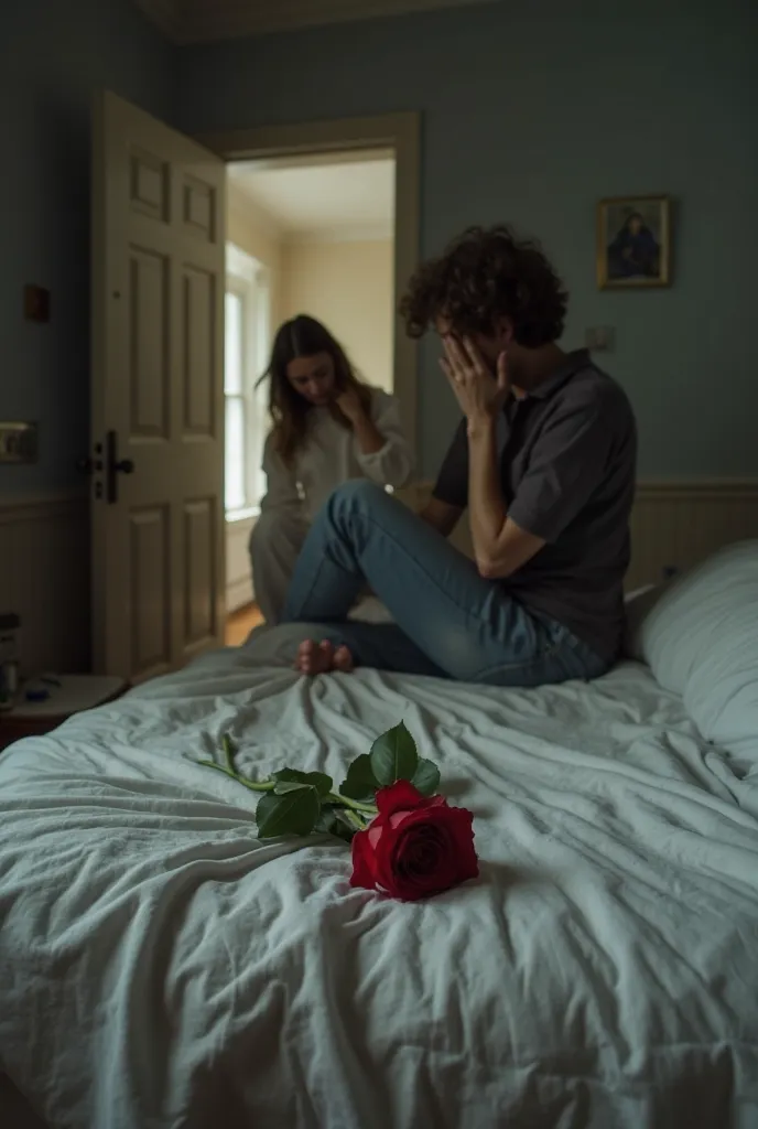 A Single Rose on a Bed:

"A rumpled bed with a single rose lying on it. One person sits on the edge, head in hands, while the other is seen leaving through a doorway in the background. Soft lighting, emotional atmosphere."