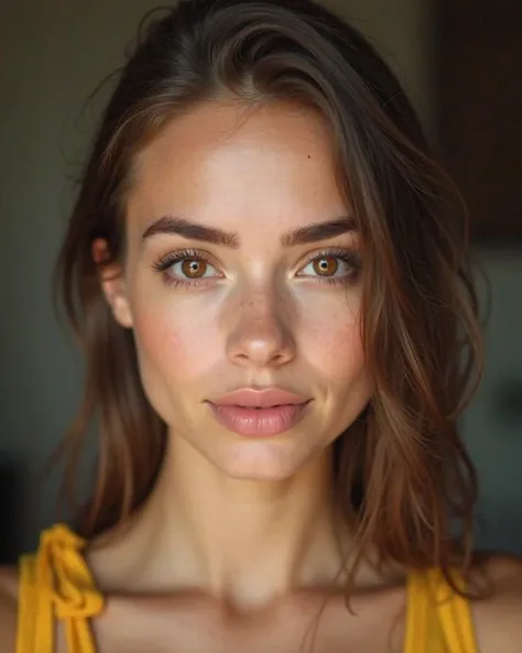 A hyper-realistic, ultra-HD close-up portrait of a stunning 20-year-old woman with a flawless, youthful face. She has deep brown eyes that are expressive and lifelike, thick, well-defined eyebrows that frame her face beautifully, and smooth, radiant skin w...