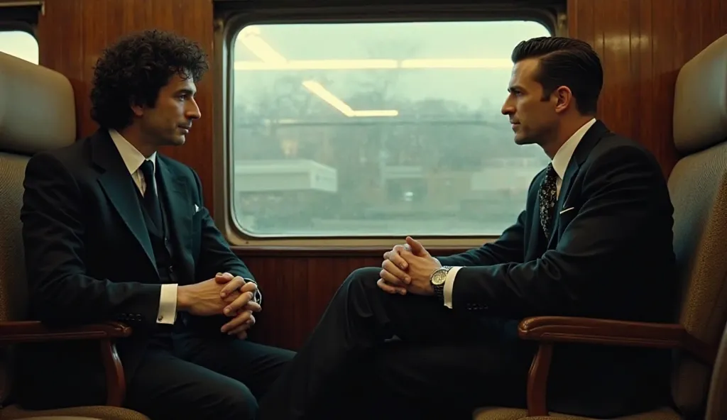 "Two well-dressed men in vintage-style suits sit across from each other in a train compartment, engaged in a serious conversation. The man on the left has curly dark hair, wearing a black suit with a white shirt and a black tie, his hands folded as he list...