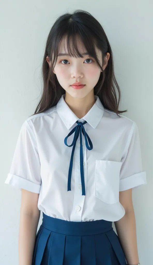 ((Realistic photography))、((full body))、((japanese girl school uniform)),(white shirt), (blue Pleated Skirt)　 cute　1 person　photograph　 real 　Actual item　Slightly pimpled face before menstruation　photograph　Advertising materials　dark blue thin ribbon for u...