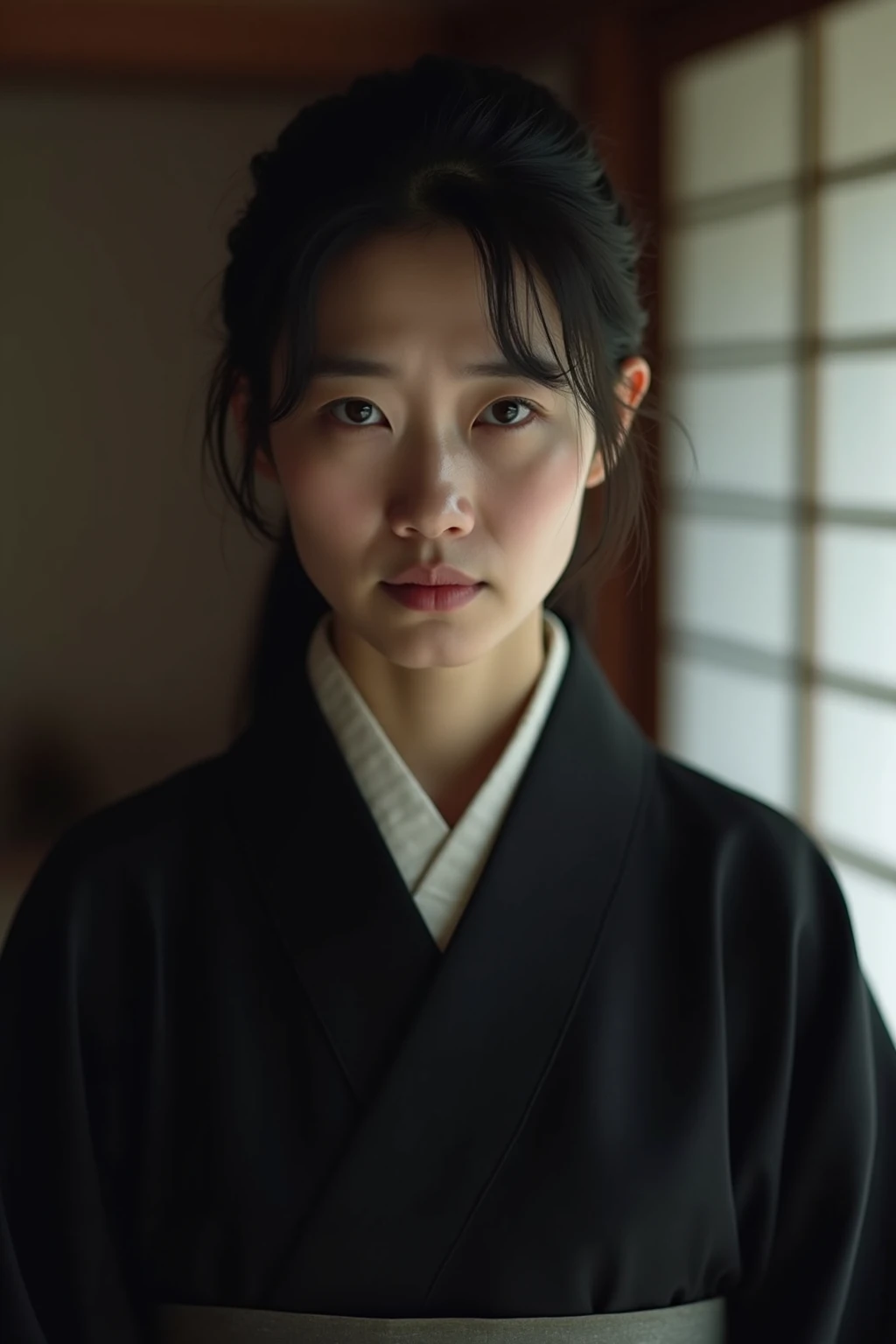 A Japanese woman in her 40s.  Is in front of the camera. She is very beautiful but her expression is very sad although serene. Do you see a mofuku, The traditional Japanese mourning costume in black. His hair is black and long and he wears it up, in tradit...