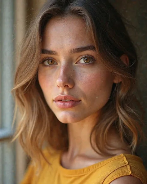 A hyper-realistic, ultra-HD close-up portrait of a stunning 20-year-old woman with a flawless, youthful face. She has deep brown eyes that are expressive and lifelike, thick, well-defined eyebrows that frame her face beautifully, and smooth, radiant skin w...