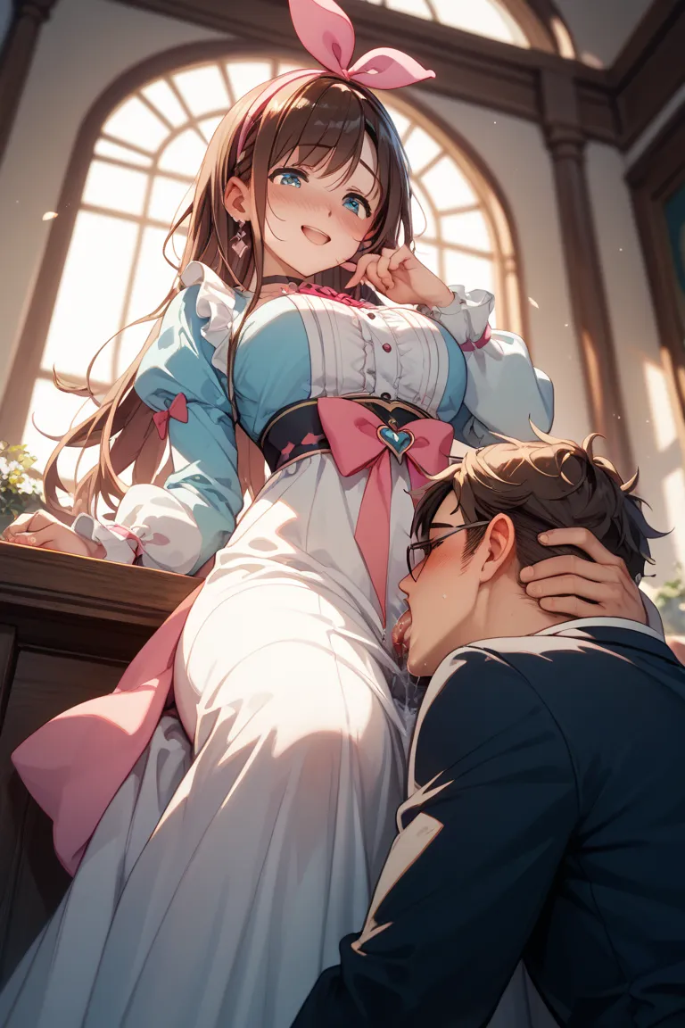 Kizuna Ai、is standing、low angle、Cunnilingus、 sitting in front of a man、blush、A cute, long dress、The lower half is hidden、is embarrassing、Love juice、It feels good and warps my back、Panting