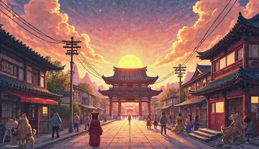 Panoramic view of one of a town where ANTHROPOMORPHIC DOGS live in the middle you can A MARTIAL ARTS DOJO with a sunset with golden stars.  anime style 