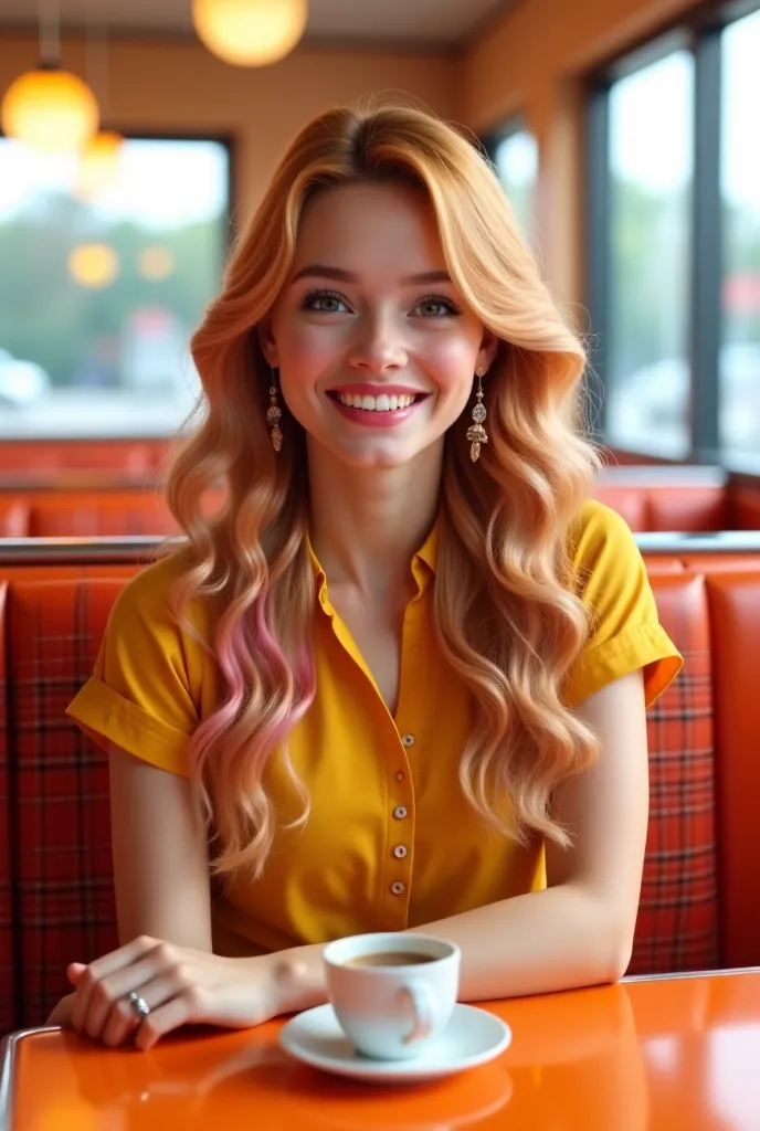 8k, Masterpiece, Top Quality, Close-up, eye-level, 1 girl, long blond hair with pink tips, cheerful pose, smiles, auburn waves, curls, **yellow kurti with short sleeves**, seated position, retro diner, cafe, orange chrome tables, plaid patterns, teacup, co...