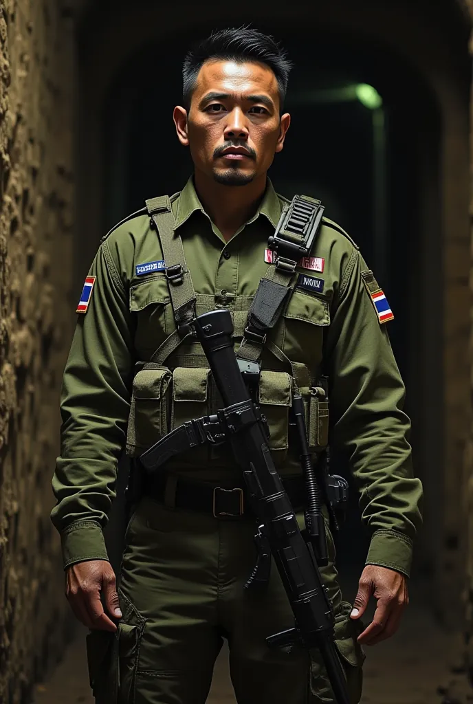 Formidable 40 years old Thai man and undercut hairstyle wearing modern olive tactical outfits with Thai Flag patch like special force captain, underground ancient temple background , serious, resident evil atmosphere ,