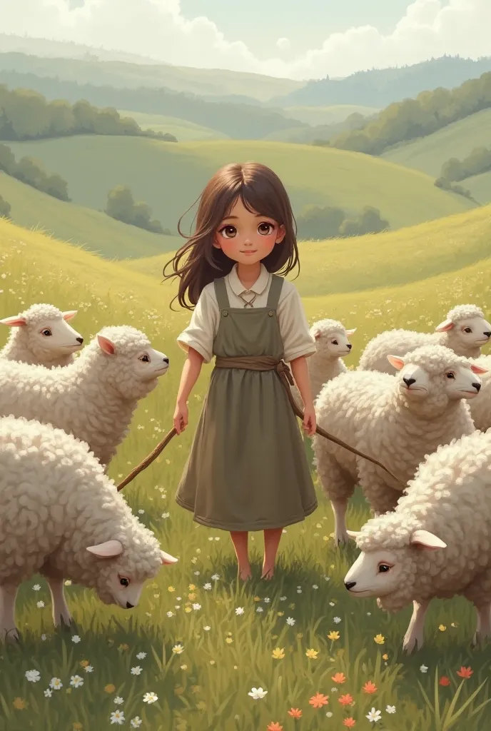 A girl takes care of sheep