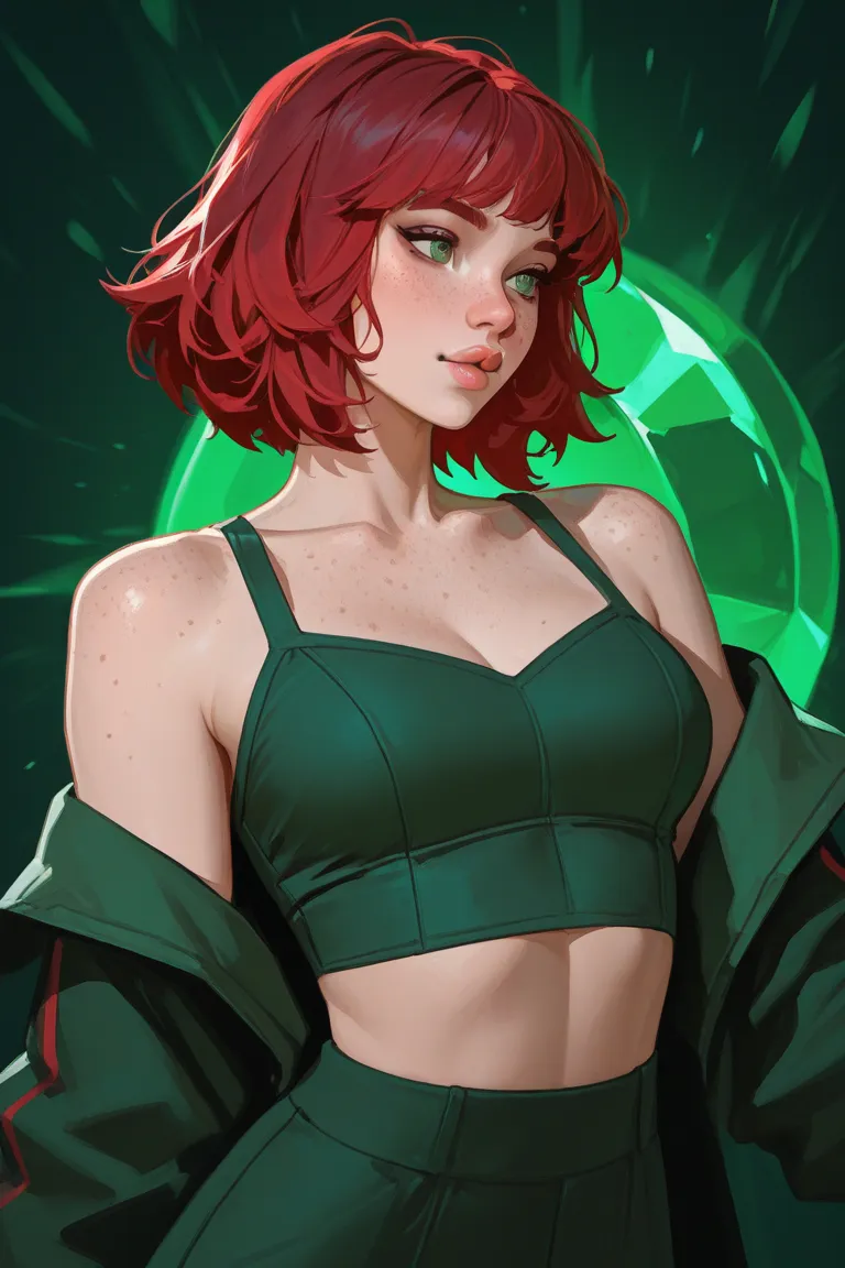 A woman with waist-length cherry red hair. Striking siren shaped emerald green eyes. High bridged nose, pinkish cheeks, rosy lips, defined jawline. No freckles.