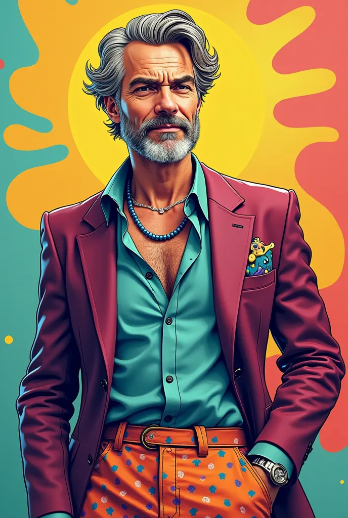 handsome middle-aged man, Cartoon style, unusual fashion