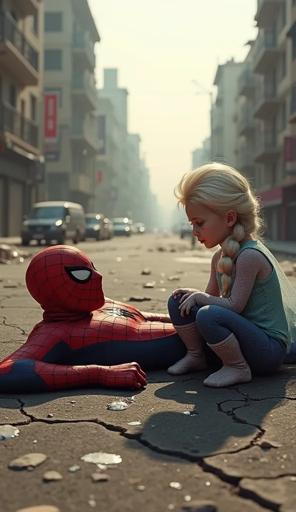 "Create a 3D-rendered scene of a post-apocalyptic city street. In the foreground, an adult Spider-Man and a grown-up Elsa lie unconscious on the cracked asphalt, their costumes tattered and stained with red scratches, symbolizing injury and struggle. Their...