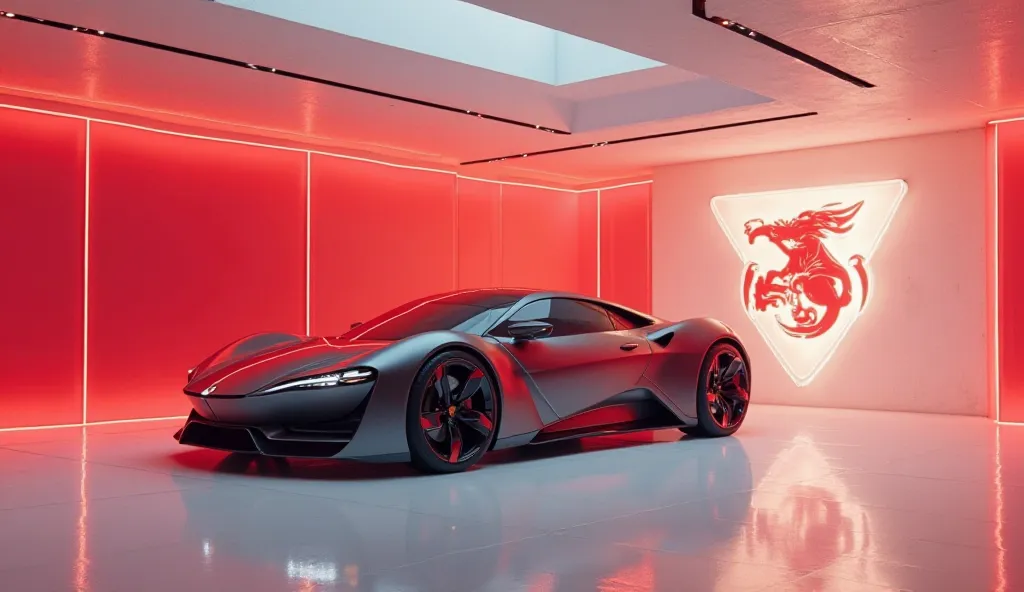 Ganerat a pic of 2025 (Aggressor) stand in luxury white showroom in () colour red . The logo of (Aggressor) on wall  and lights shining on (car) .  In right side wiev.