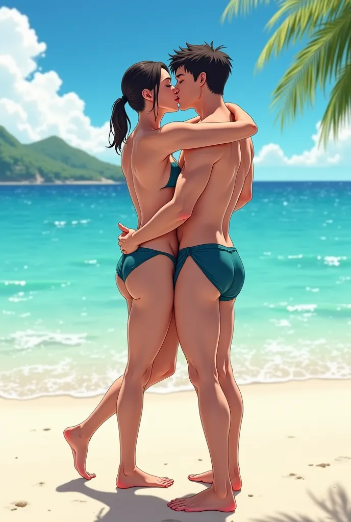 Anime Gay boy 18 years old handsome no body hair wearing bikini doing yoga on the beach and he has big ass very big ass and kissing his boy friend lay the on top of each other