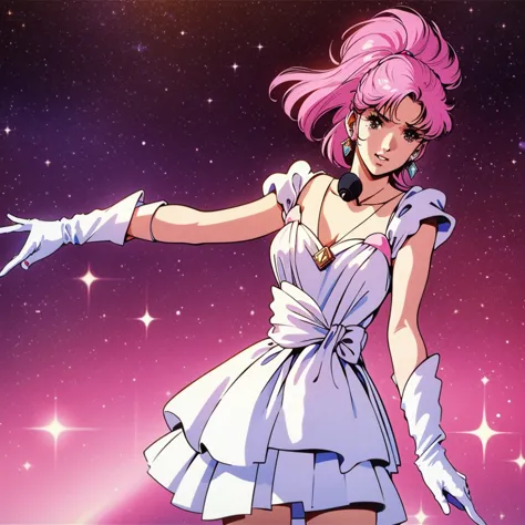 ,masterpiece,best quality,gift, latest,HUGE FILE SIZE,1 girl,Alone,idol,white dress,short dress,pink gloves,An earring on one side,microphone,Singing , music,standing,Stretched_arm,space,sci-fi, front view, cowboy_shots,retro artstyle, 1980s \(style\),