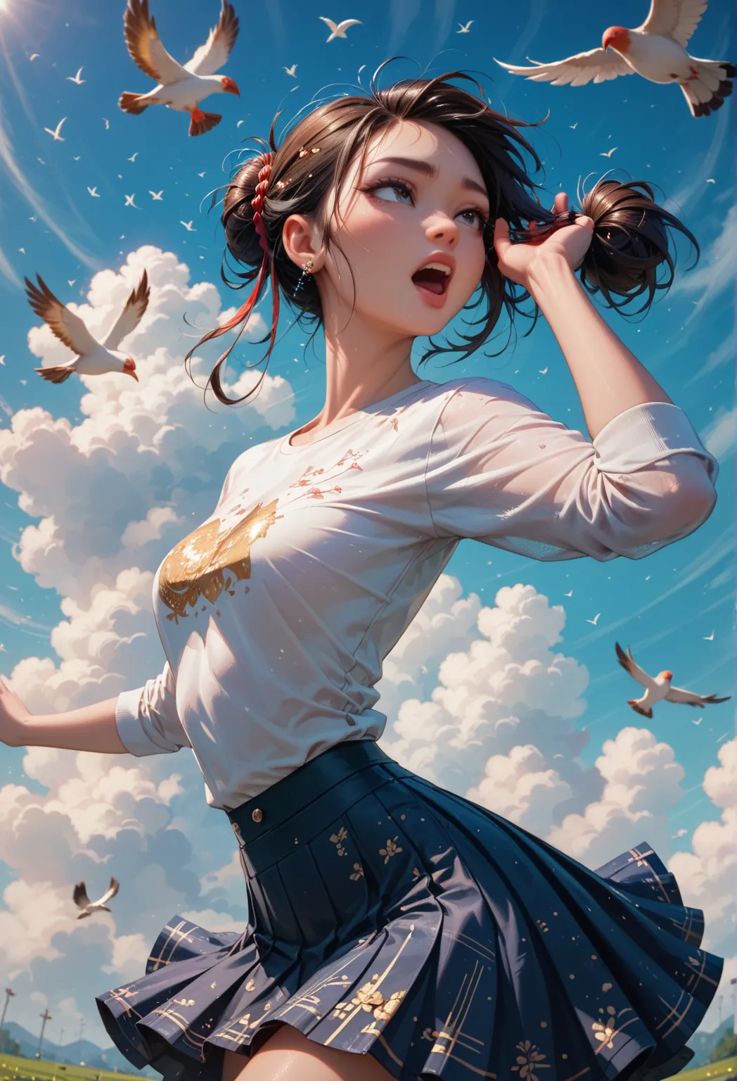 (masterpiece, best quality:1.2), 1 , Alone，eyes，A beautiful Chinese girl，shirt，Horse-faced skirt ，Birds in the Air，character design in cartoon style， exaggerated expression，Hair texture，messy bun，a cat，interesting，interesting， Clean lines