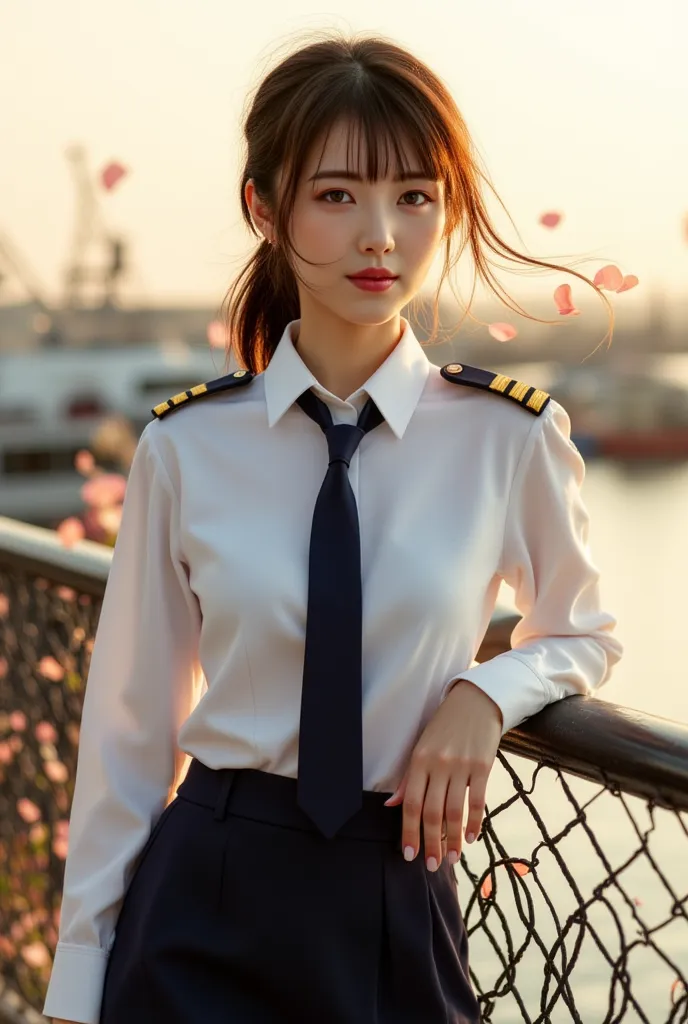 Sexy beautiful Japanese woman, a self defense officer uniform, wearing a white long-sleeved shirts, navy blue tie, navy blue pencil skirt, Black patent high heels, beautiful hip-line, Beautiful thighs, long legs, Cornflower, (perfect anatomy), (Accurate fi...