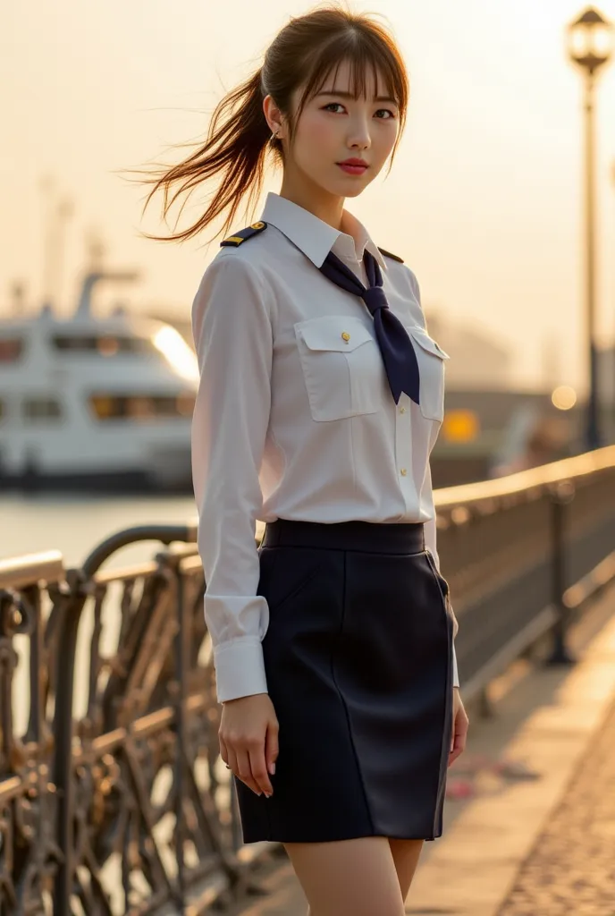 Sexy beautiful Japanese woman, a self defense officer uniform, wearing a white long-sleeved shirts, navy blue tie, navy blue pencil skirt, Black patent high heels, beautiful hip-line, Beautiful thighs, long legs, Cornflower, (perfect anatomy), (Accurate fi...