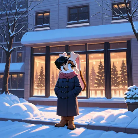 a woman in winter coat standing in snow behind building with tree over sidewalk, 1girl, solo, window, snow, black hair,vanilla the rabbit