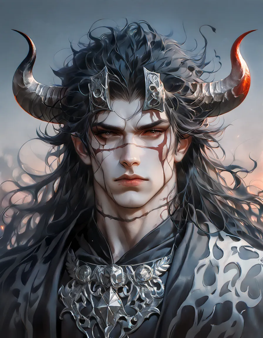 young adult male. Body: strong, muscular, stocky, tall. Face: square, marked, horns on head, long black hair. Skin: grayish, red marks. Clothing: black robe, silver details, ornaments. Theme: darkness, twilight. Style: semi-realistic, portrait