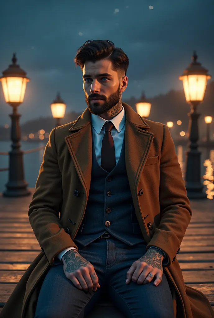 Young man blue eyes brown hair tattoos trimmed beard clothing clothing jacket and tie and a long brown coat and dynamic pose sitting on a chair a wooden pier and a lake and large lamps dark sky 