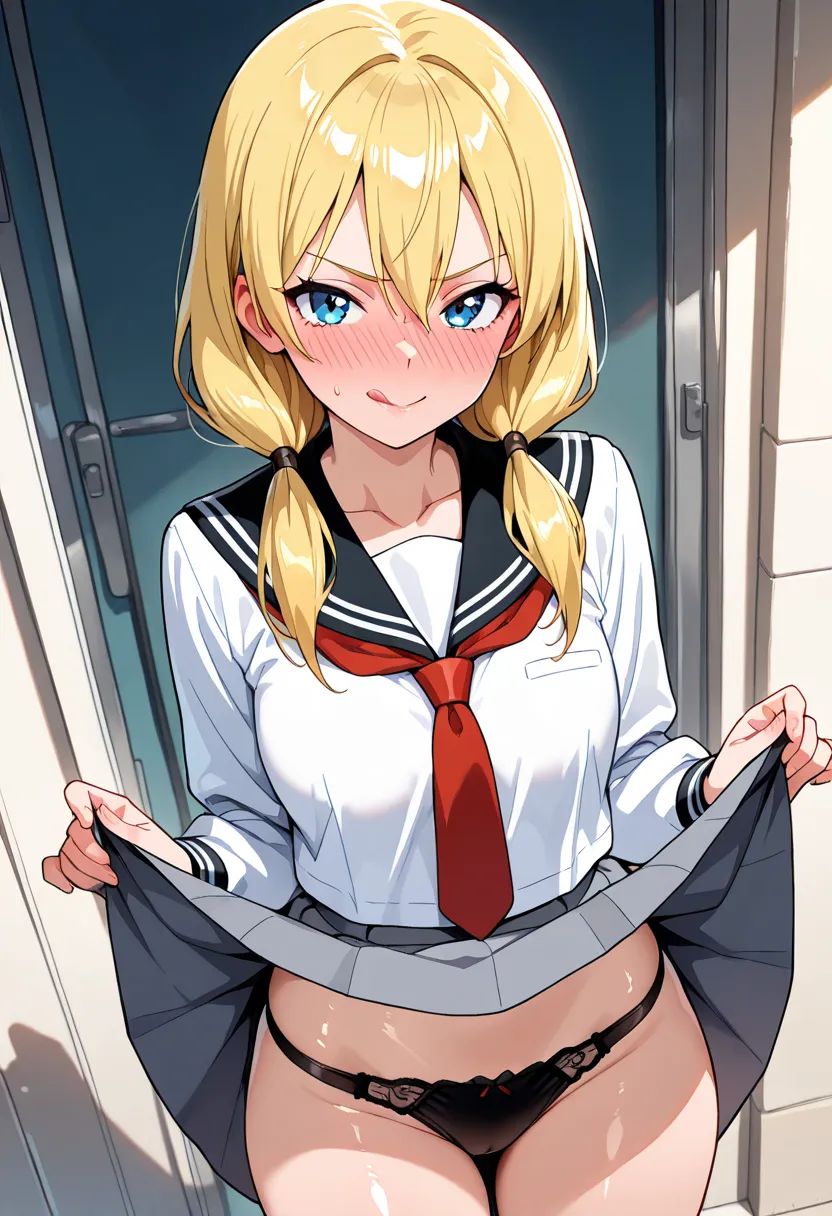  1girl , Alone, alone, hyper detailed face, adult face, Fierce face, ight blue eyes, yellow blonde hair, (Long Low Pigtails, hair over shoulder:1.3), hair between eyes, medium hair, white school uniform, black sailor collar, red neck tie, bare neck, collar...