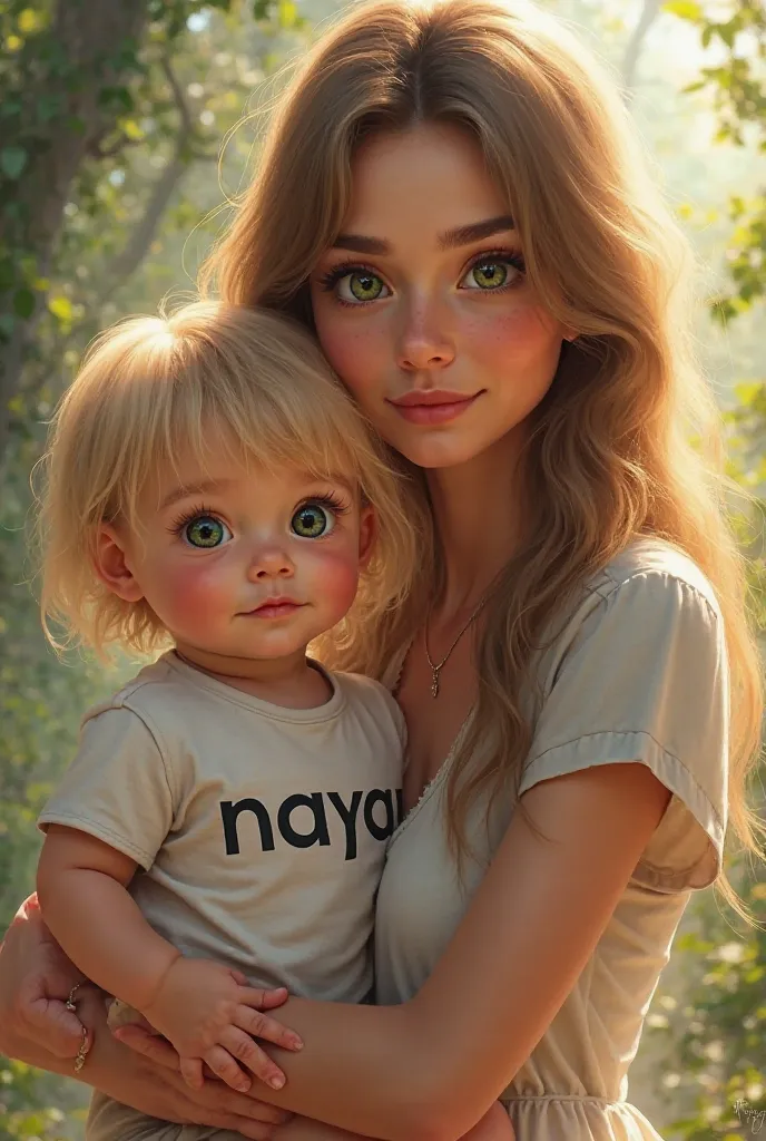 Woman with long light brown hair with green eyes and her blond baby with honey eyes wearing a t-shirt that wears Nayan 