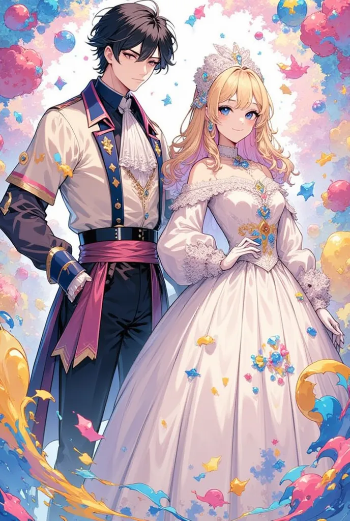 An otome book cover of a beautiful 17-year-old rainasances princess with blond hair beautiful blue eyes (she is a Korean villainess) ahe is wearing extravagant ball gown decorated with diamonds and beautiful gloves and beside her is a 18 years old duke wit...