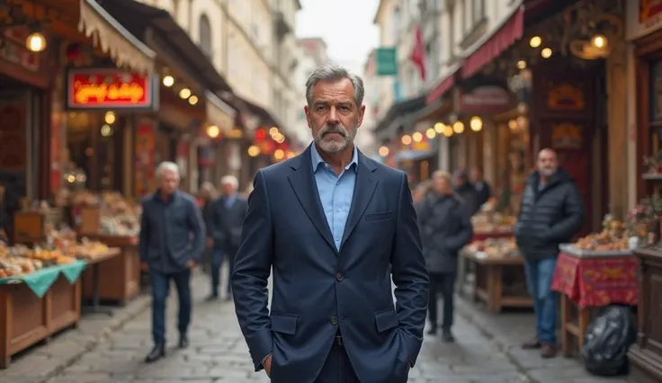 A 55-year-old man with fine hair and a thin mustache, wearing a navy blue suit, sky blue shirt and black shoes, stands in Bascarsija, Bosnia and Herzegovina.