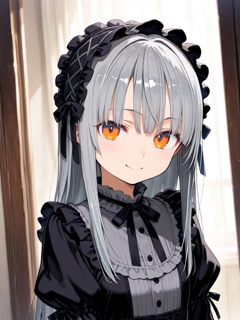 long hair, Grey Hair, orange eyes, gothic lolita smiling girl