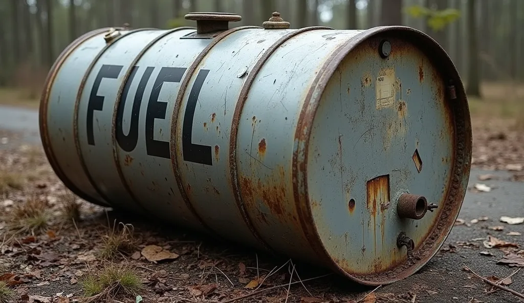 A large metal fuel drum, with "FUEL" written prominently on its side. The lid is open, and the inside is completely empty. The drum has scratches and rust starting to form, suggesting it hasn't been used in a long time. The surrounding environment is aband...