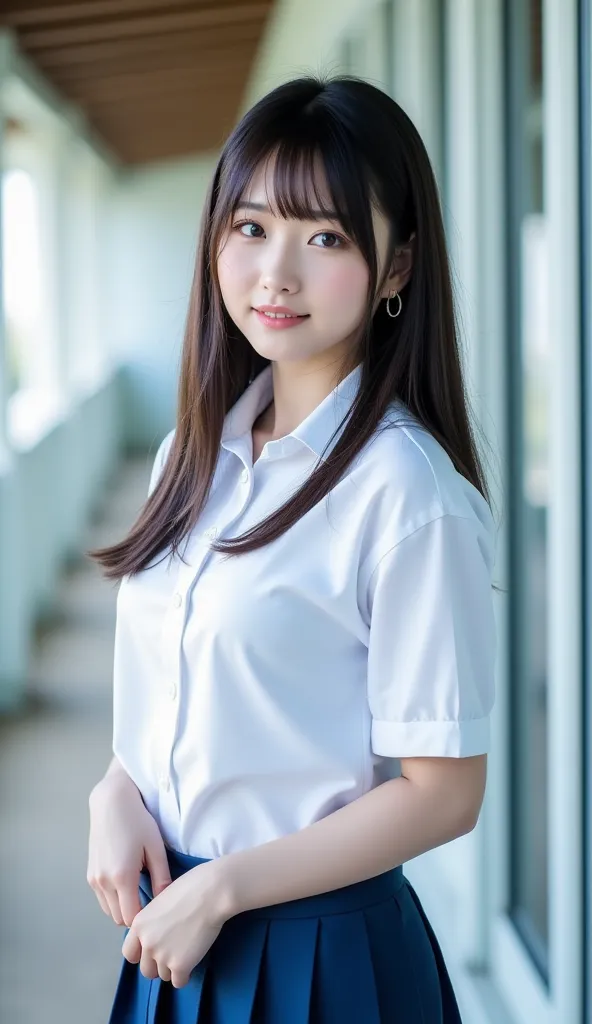 ((Realistic photography))、((full body))、((japanese girl school uniform)),(white shirt), (blue Pleated Skirt)　 cute　1 person　photograph　 real 　Actual item　Slightly pimpled face before menstruation　photograph　Advertising materials
Slightly pimpled face　Glowi...