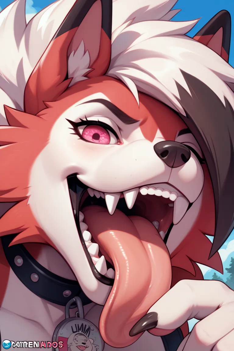 Lycanroc Hairy,   Pokemon  ,   mocking expression  ,   pretty,  dibujos animados ,   Comic style image , sharp and pointed teeth, long pink tongue sticking out of her mouth, looking at the spectator,  Feminine,furry, broad tongue, holding the viewer, macro