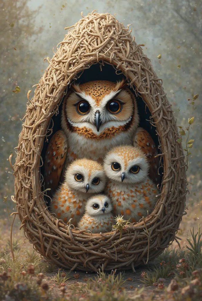 Owl with cubs inside a cocoon