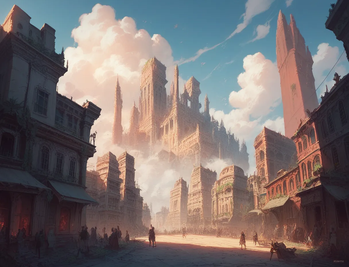 fantasy, magic theme, dark city, ancient city, forgotten city, empty city, crumbling, derelict, street view, several mountains towering in background, clouds 