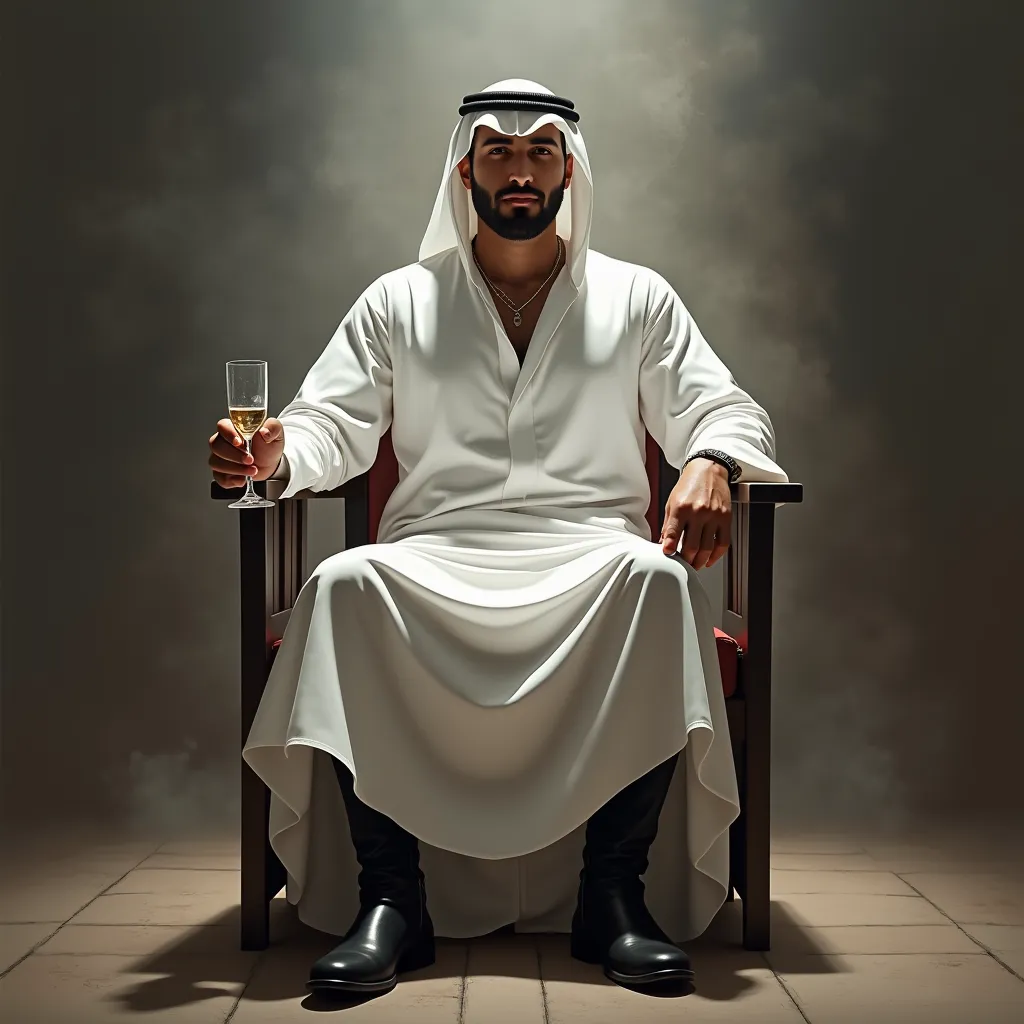 Handsom Arab man wearing black leather boots,white dress and cooling glass, sitting on chair