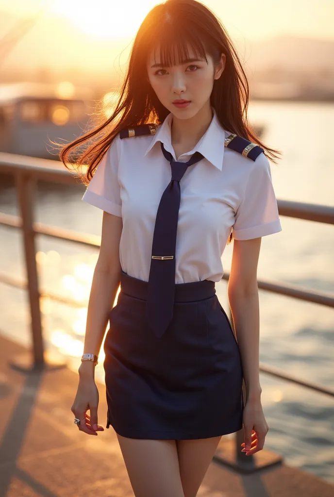 Sexy beautiful Japanese woman, a self defense officer uniform, wearing a white short-sleeved shirts, navy blue tie, navy blue pencil skirt, Black patent high heels, beautiful hip-line, Beautiful thighs, long legs, Cornflower, (perfect anatomy), (Accurate f...