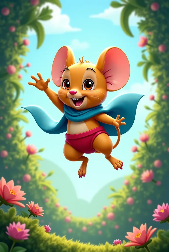 Dinkan, a mouse wearing red briefs and blue shawl. Flying pose qithout wings. Background is tapioca gatden