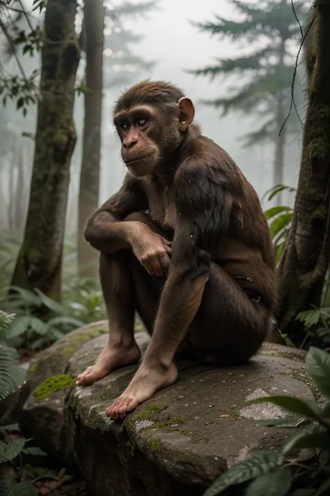 "A sad monkey sitting alone on a rock in a misty jungle. The monkey has a melancholic expression, looking down with a sorrowful gaze. Its fur appears slightly ruffled, adding to the emotional atmosphere. The background consists of tall trees shrouded in so...