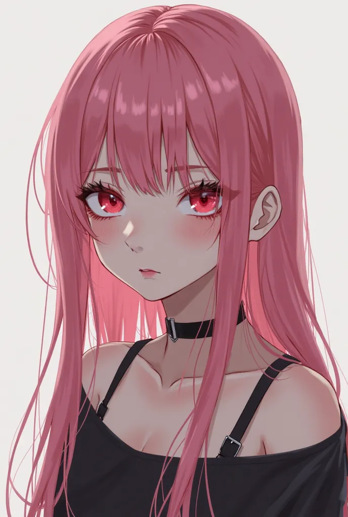 Emo hair pink long eyes draw red anime girl