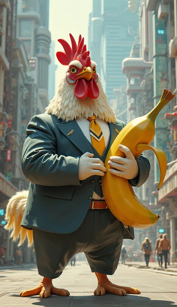 "A chicken wearing an oversized suit, struggling to hold a banana with its tiny wings, set against a futuristic cityscape."