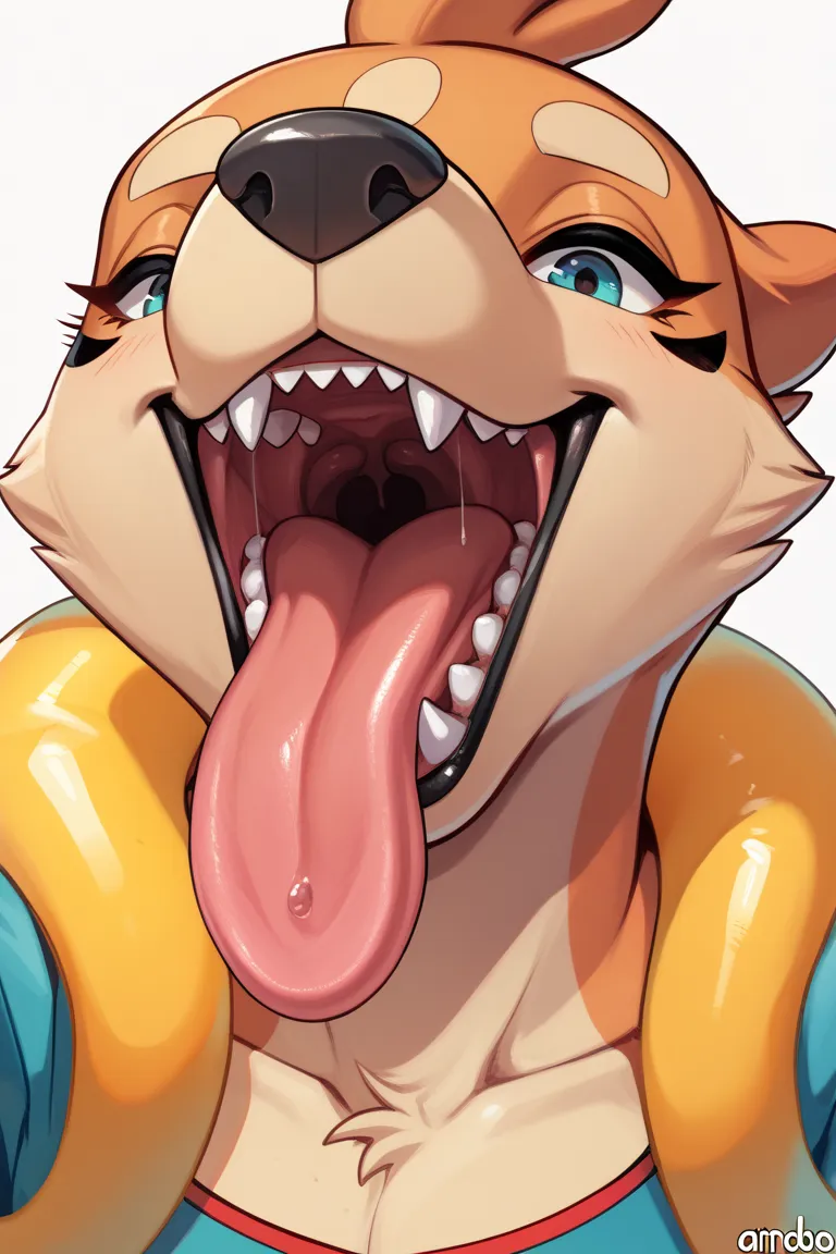 Floatzel Peludo,  Pokemon ,  mocking expression ,  pretty, dibujos animados, close up of her open mouth, sharp and pointed teeth, long pink tongue coming out of his mouth, looking at the spectator, Feminine