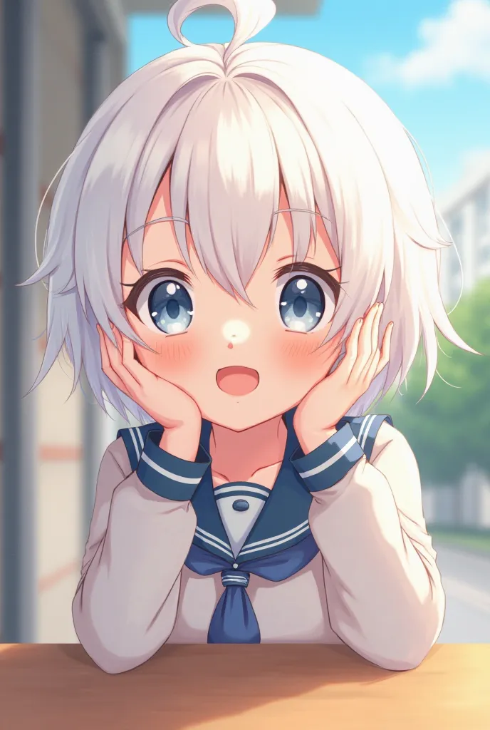 A very cute anime student with white hair 