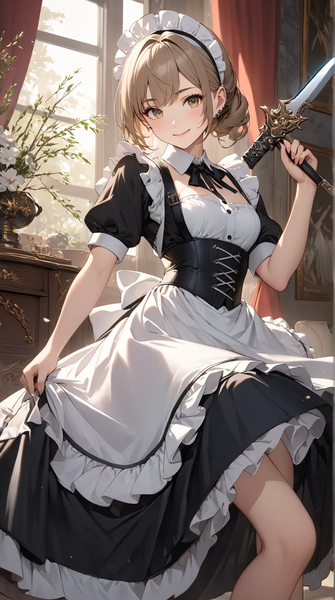 ((top quality)), (ultra high resolution), (very detailed), (Detailed Explanation), ((best CG)), (BEST ARTWORK), Ultra-precise art, Amazing Painting Art, (Exquisite art:1.5). A maid girl, 18 years old, with a beautiful and well-groomed face, makeup, and a c...