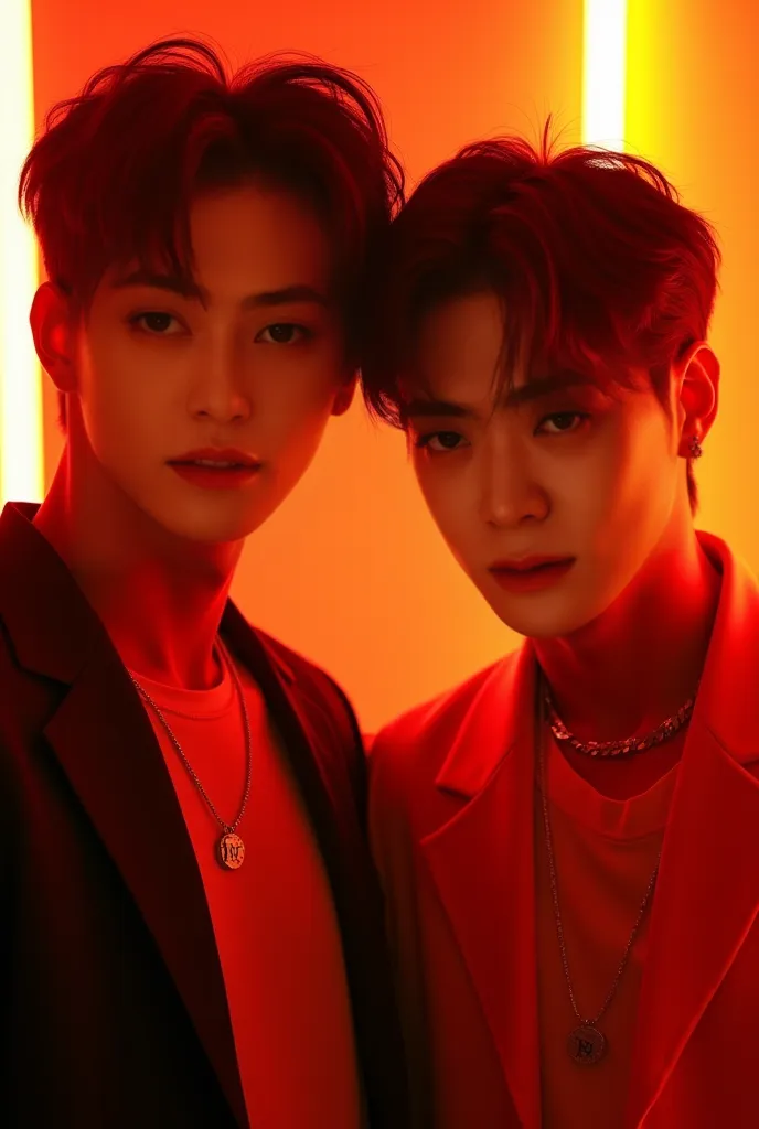 Jaehyun from NCT and Taeyong from NCT under orange neon lights