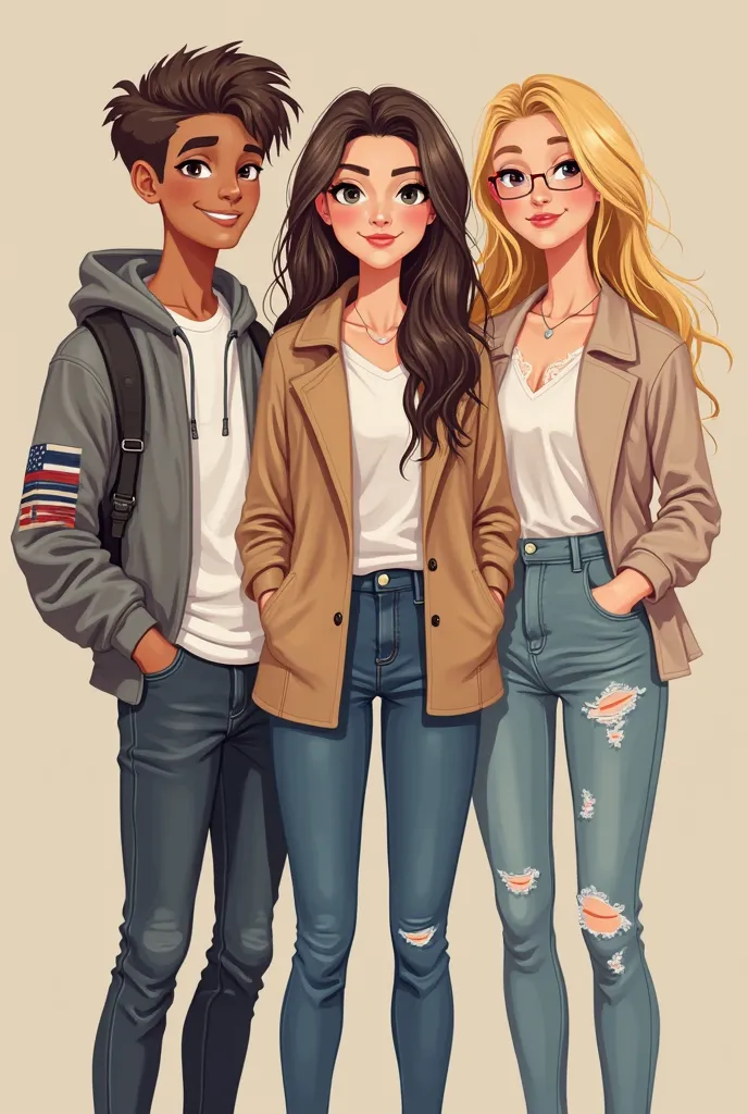 Generate me a graphic, thanks to my fellow students in college, is supposed to be on it Charles, Sabina and Paulina. Charles brunet in a camitan sweatshirt America. Sabina brunetka włosy do ramion, beige coat, Paulina without glasses in a white blouse and ...