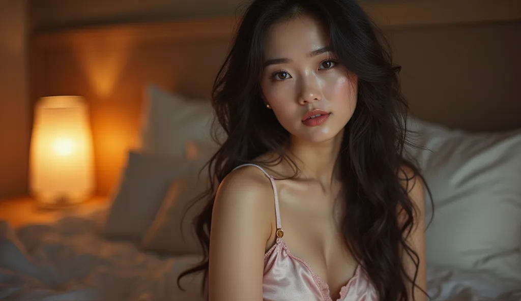 Create a detailed and artistic image of a beautiful Vietnamese woman sitting on a luxurious bed at night. She is wearing an elegant silk nightgown that gracefully drapes over her body, highlighting her delicate and feminine features. Her long, dark hair ca...