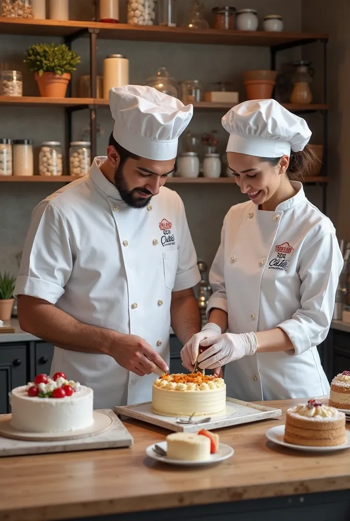 **"In a small and elegant factory for the manufacture of French and American cakes, a man and a woman of Arab nationality work perfectly and professionally. wearing professional white bakers' clothes, hats and gloves to maintain cleanliness. The 'Box Cake ...